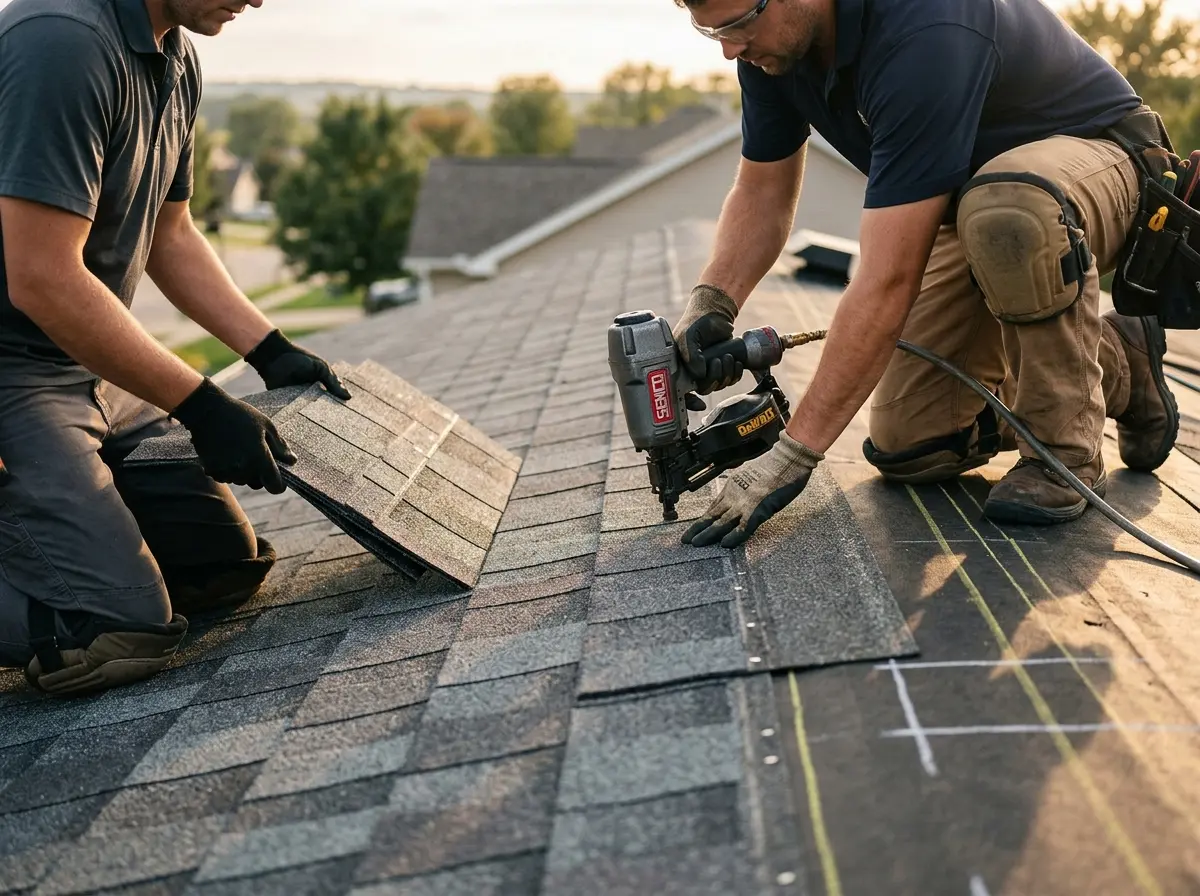 Professional roofer working on a residential roof in Malverne